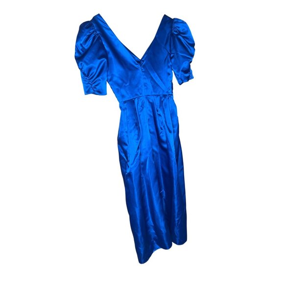 Vintage Royal Blue Puff Sleeve Satin Dress Size 9/10 Party Holiday 80's Christma - Picture 2 of 3